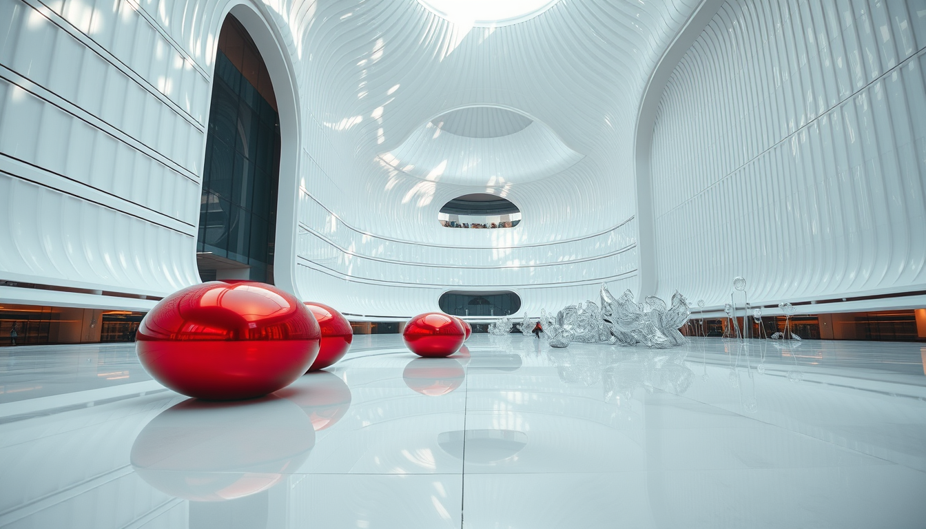 An eye-level, wide-angle shot of a futuristic and abstract architectural square that features horizontally and vertically curved structures covered in white metallic reflective material. There are a few spherical red objects with reflective, metallic surfaces that resemble large, smooth capsules. These objects are positioned on a sleek, ultra-white shiny floor that reflects their surfaces. There are also many transparent glass sculptures. The focus is the sleek horizontally and vertically curved architecture covered in white metallic reflective material. The mood is serene and cool, bursting with futuristic creativity.