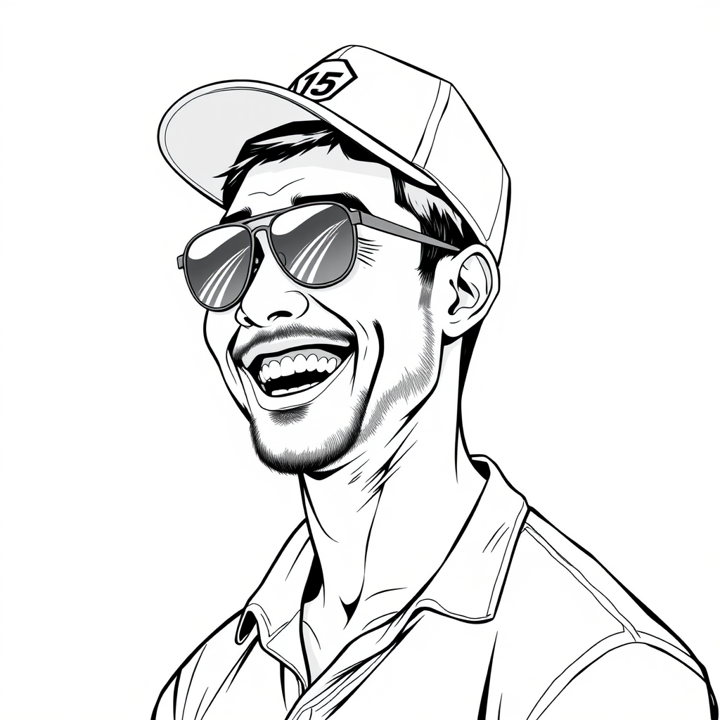 A cool black-and-white line drawing of a half-body portrait of a man around 35 years old, wearing a baseball cap, an Asian man, with aviator sunglasses, a bit of stubble, a tough appearance, in a shirt, with a full, well-defined face, a strong physique, clean and fresh skin, laughing heartily and joyfully after winning. - Image