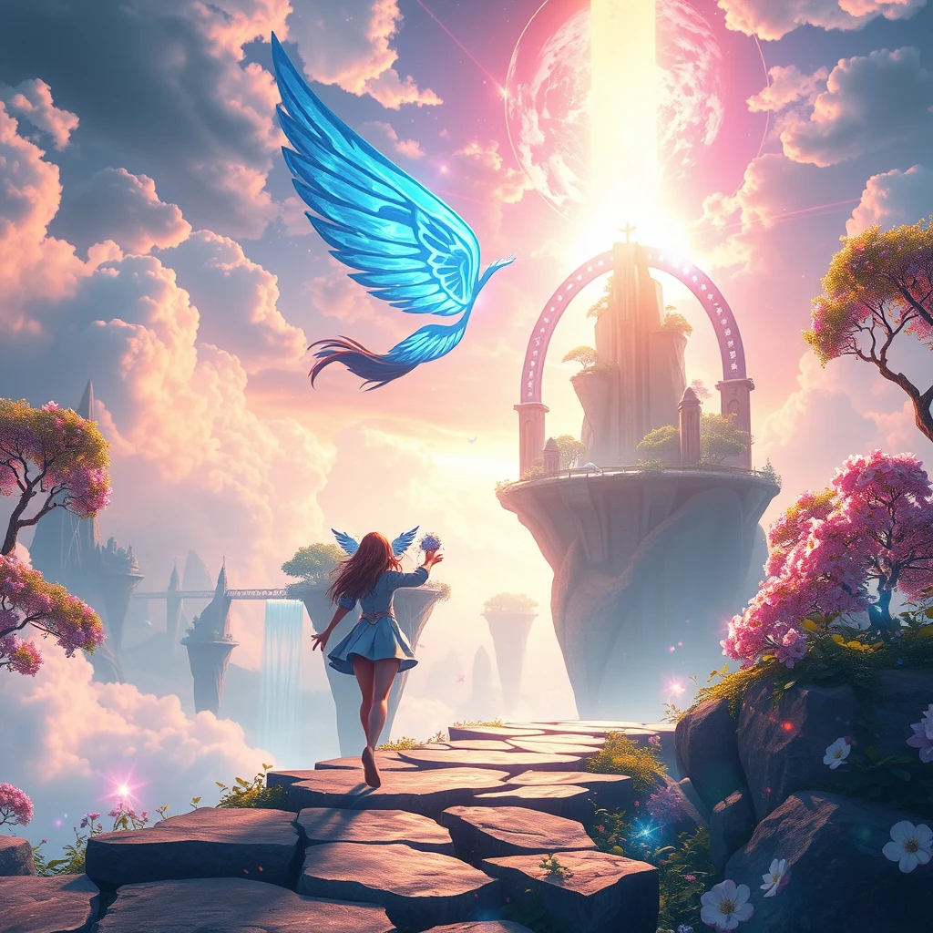 A heroic girl walked out of the portal and arrived in a world full of fantasy colors. There are huge islands floating in the sky, connected by shimmering bridges. The trees around emit soft fluorescence, and the flowers bloom with brilliant light. The girl leaped lightly into the air, with a pair of wings made of energy spread out behind her, sparkling with blue light. She soared freely in this magical world, exploring unknown territories.. Picas style, 3D rendering, ultra-high definition picture quality, 38k, - niji 6. - Image