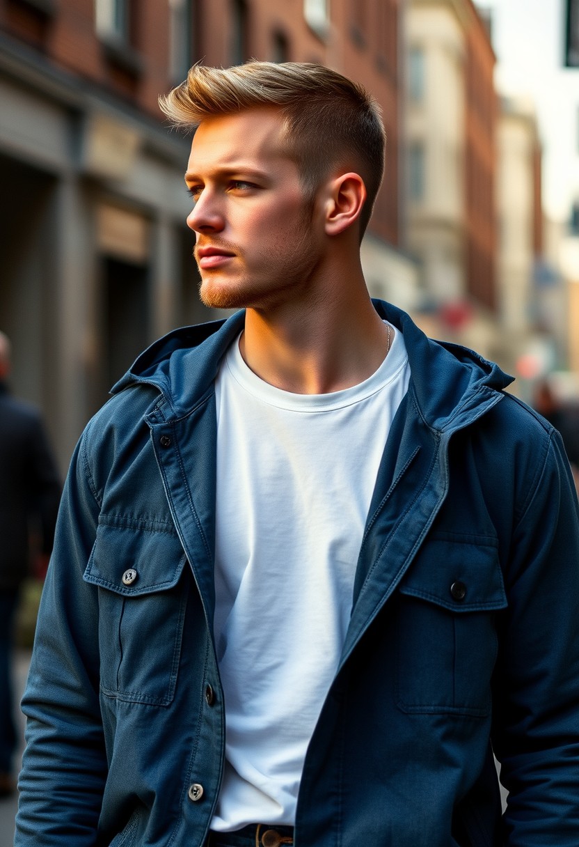 Jamie Dornan's head and body shot, handsome, young, shaved, white T-shirt, blue jacket, jeans, hyper-realistic, street photography. - Image