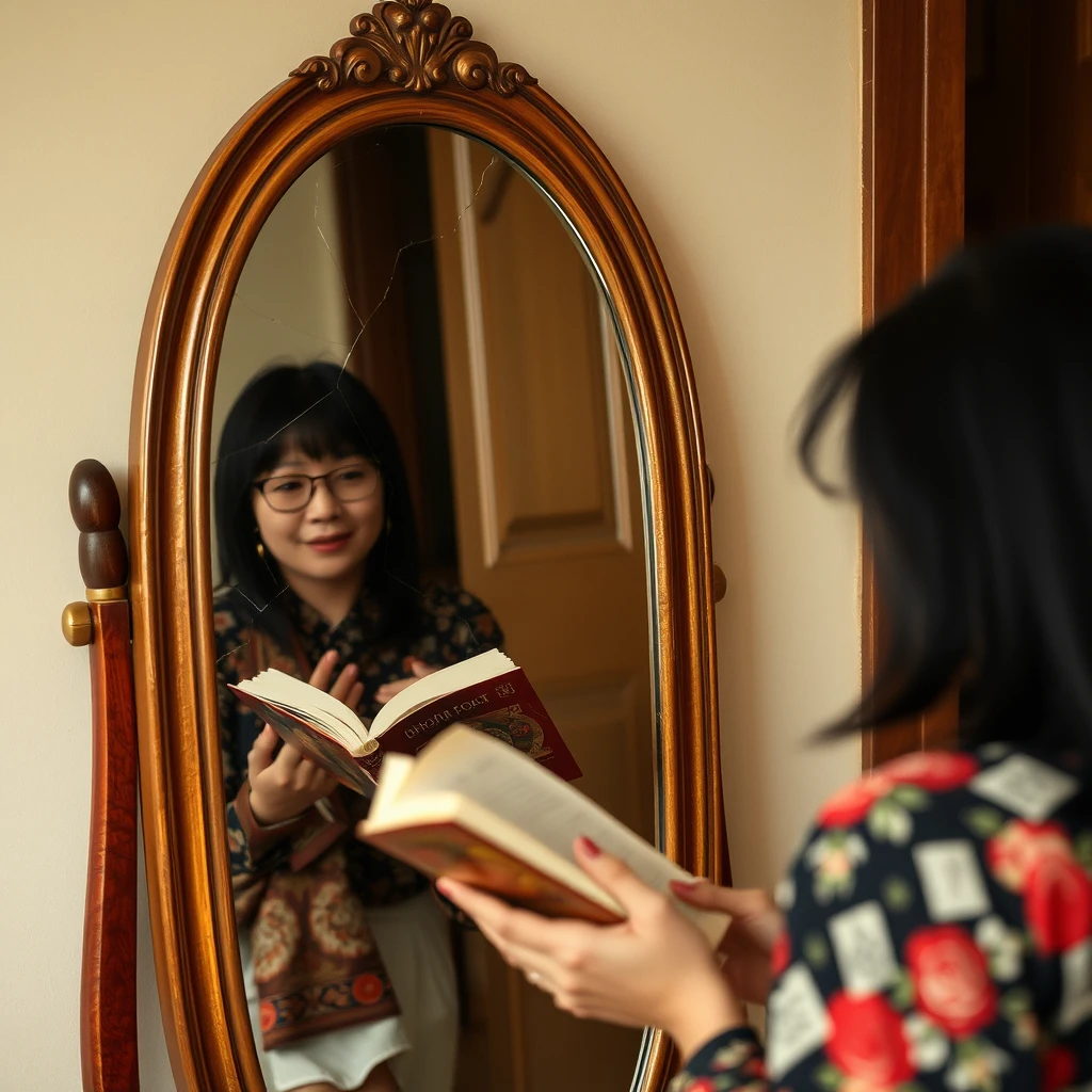 A Chinese woman is reading a book and looking in a full-length mirror, which has cracks in it. - Image