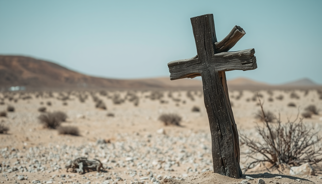 An old wooden cross in the middle of a barren desert. The cross is standing upright on the right side of the image. The cross is falling apart and is made of badly fungal damaged dark wood and appears to be cracking and crumbling. The overall scene is desolate.