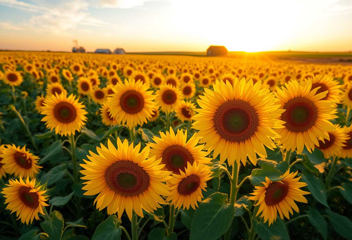 Vibrant, sunflower fields, golden blooms, high quality, photorealistic, summer, cheerful, idyllic, rural, panoramic, breathtaking, rural farmhouses, blue skies, windblown fields, sunset, floral arrangements.