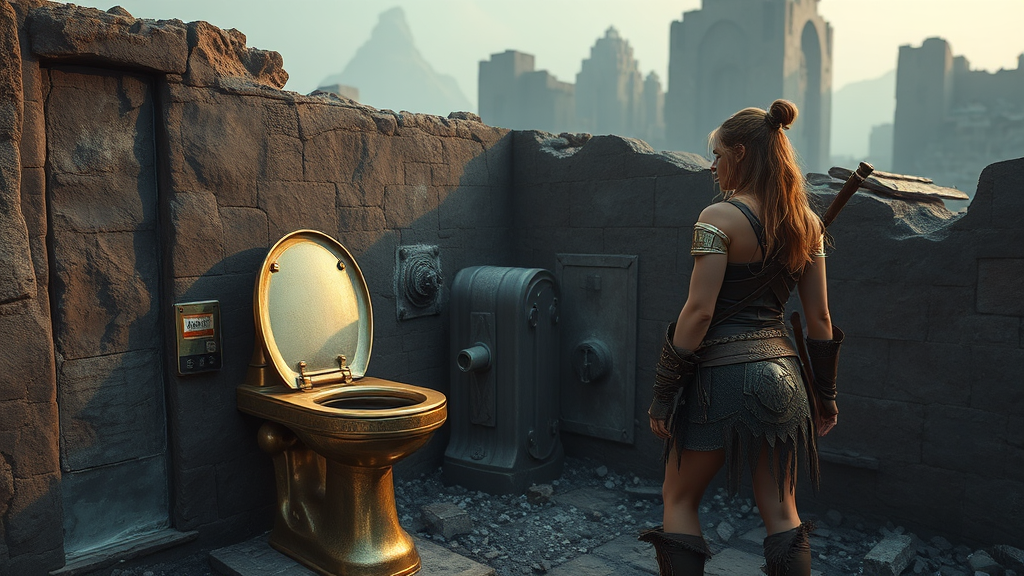 In the post-apocalyptic ruins, there is a flush toilet made of gold, and a female barbarian is standing next to it. - Image