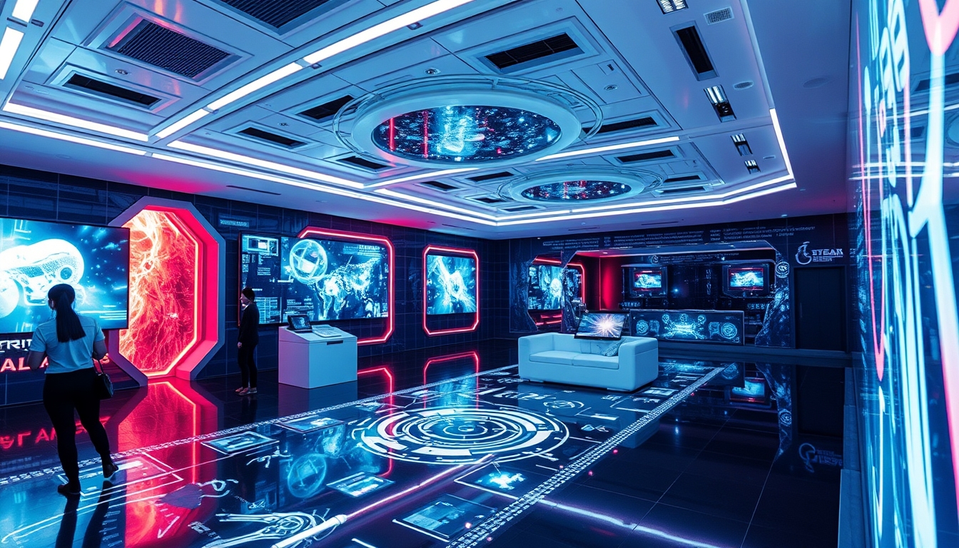 A futuristic room filled with interactive digital art, with holographic displays and immersive light installations. - Image