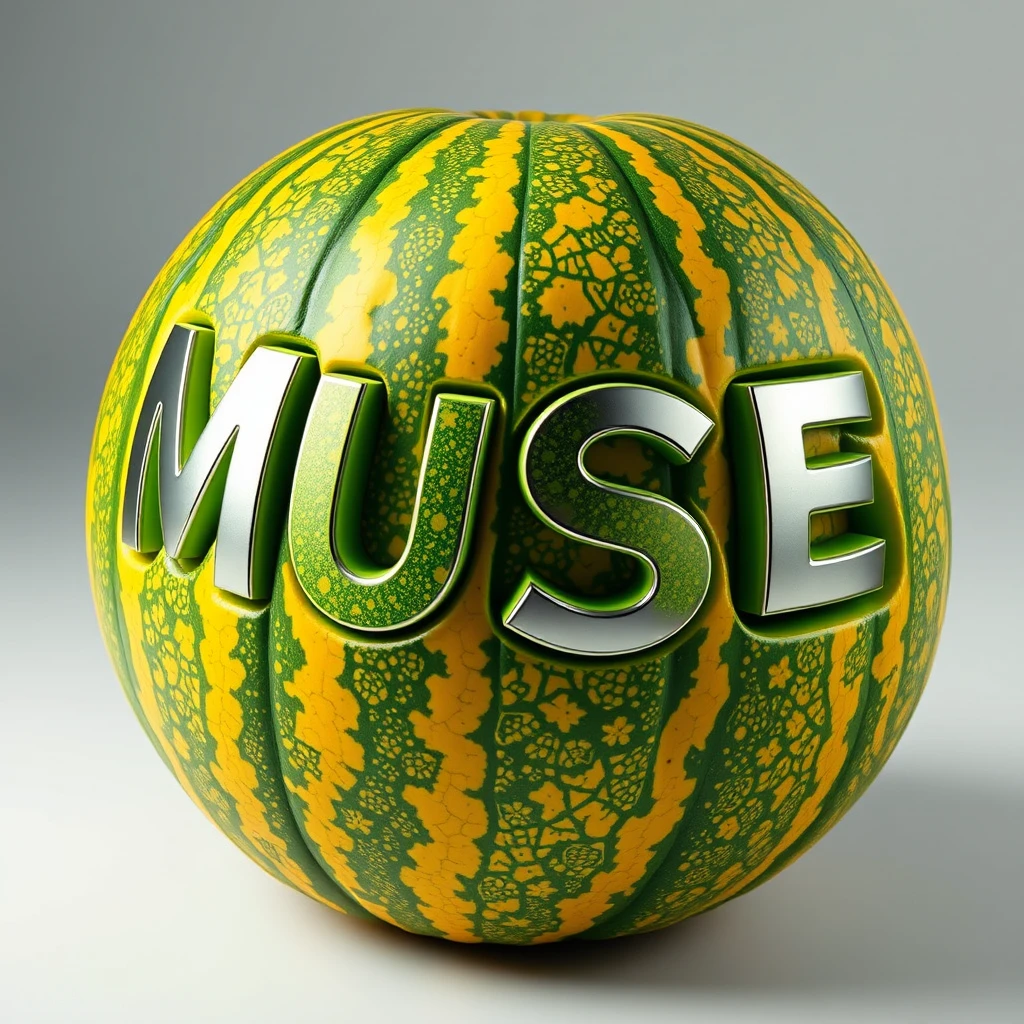 "Imagine a vibrant, richly textured melon sitting on a pristine surface. The melon is a lush green with streaks of yellow and orange, its surface covered in intricate, web-like patterns that pulse with subtle glows of energy. As you observe, the melon begins to change, its surface rippling and shifting like a fluid. The patterns start to rearrange themselves, the streaks of yellow and orange stretching and coiling into curving lines that slowly take shape. The melon starts to elongate, the contours becoming more angular, and the textured skin begins to smooth out.

The transformation is mesmerizing as the melon’s surface twists and morphs, revealing the letters 'M', 'U', 'S', and 'E' emerging from the previously organic texture. These letters are not just printed on the surface but seem to be part of the very structure of the melon, as if the fruit itself is evolving into a new form. The letters are sleek and metallic, contrasting against the natural green and orange hues of the melon.

As the transformation continues, the remaining part of the melon stretches and curves, forming the letters 'A' and 'I'. The final image is a perfect blend of the organic and the artificial, where the melon has seamlessly morphed into the words 'MUSE AI,' with each letter retaining a hint of the melon’s original color and texture, now interwoven with metallic and digital elements, glowing with an ethereal light."