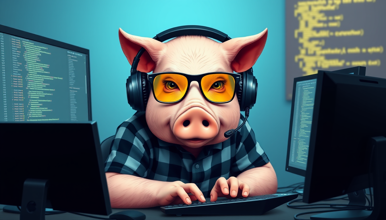 A tech-savvy pig coder, wearing yellow-tinted glasses and sleek noise-cancelling headphones, hunches over a cutting-edge multi-monitor setup. The anthropomorphic pig exudes focus, typing furiously. Wearing a plaid t-shirt, front facing.