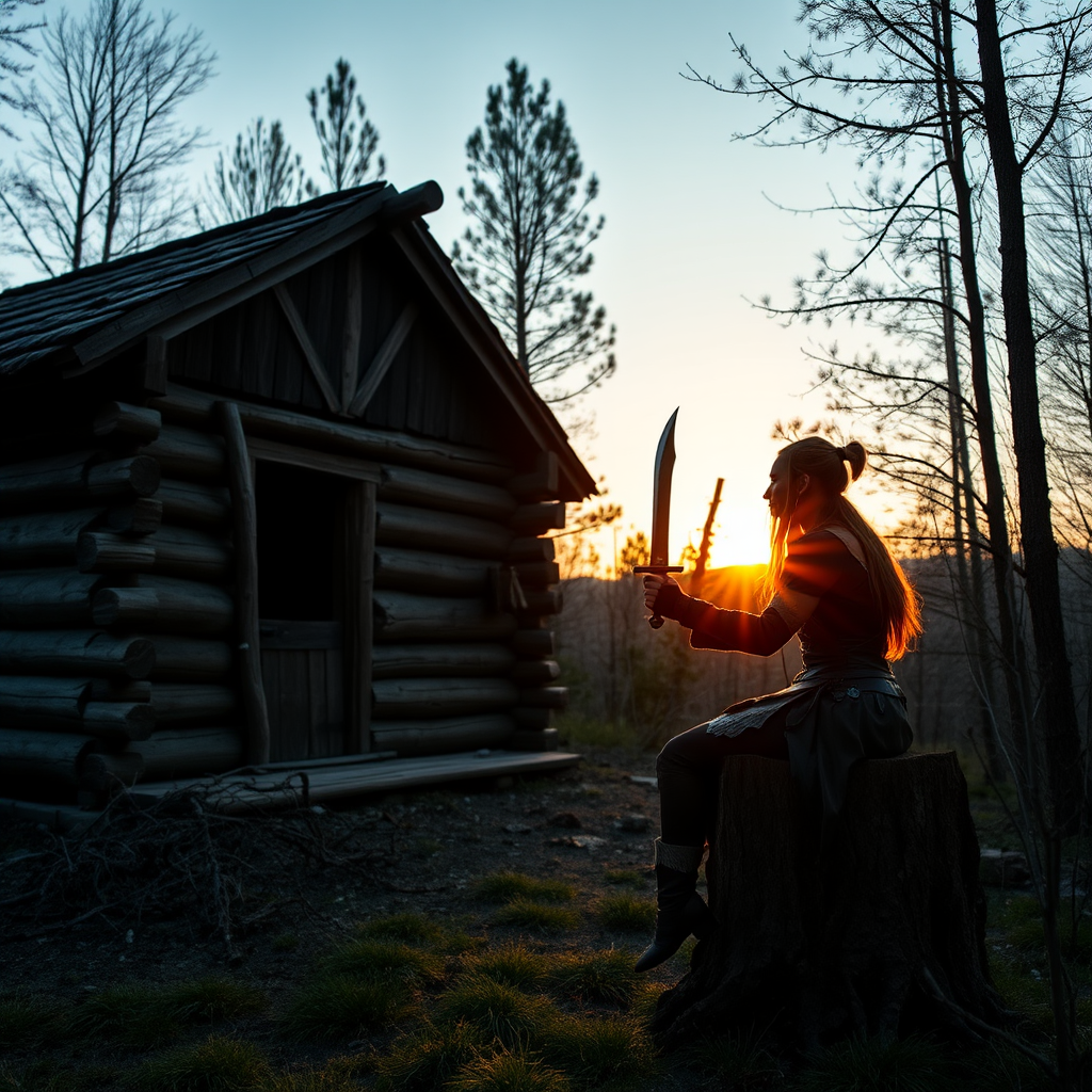 Real-life photography: In the evening, in the forest, there is a wooden cabin, and next to it, a female barbarian is sitting on a wooden stump, holding a dagger and looking at it, with the sunset in the background. - Image