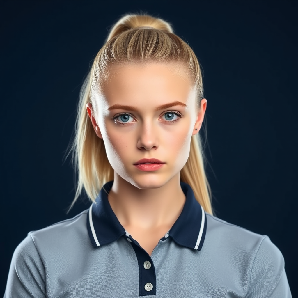 Front view of a serious light blonde-haired 18-year-old woman with a tight slicked back medium-length ponytail, wearing a polo shirt with a navy blue stripe running along the collar, dark blue backdrop. - Image