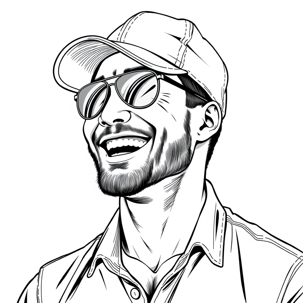 A cool black and white line drawing of a man around 35 years old, wearing a baseball cap, Asian, with aviator sunglasses, a bit of facial hair, a tough guy, in a shirt, with a full and defined face, strong physique, clean and fresh skin, laughing heartily after winning a victory. - Image