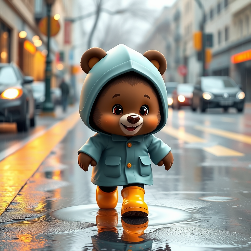 Cute cartoon bear cub, dressed in an oversized hooded raincoat and brightly colored rubber boots, walking in the rain on puddles on a city street. The picture conveys carefree childhood. Cartoon style 3D. - Image