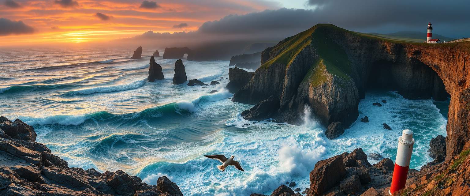 Awe-inspiring, rugged coastline, rocky cliffs, crashing waves, high quality, photorealistic, dramatic, wild, seagulls, stormy, panoramic, breathtaking::1.2 tide pools, sea stacks, hidden caves, coastal hiking trails, lighthouse, mist, vibrant sunset. - Image