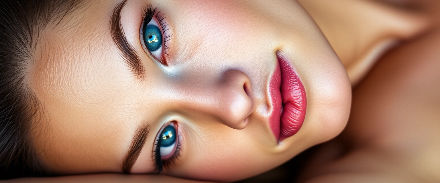 Close-up shot of a white-skinned muscular Korean Indian woman with beautiful facial features and blue eyes lying down.