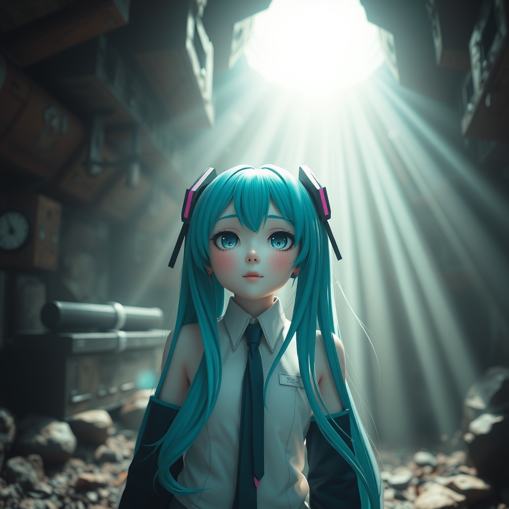 Peculiar environment with god rays, Hatsune Miku, 8K resolution, Blender, close-up.