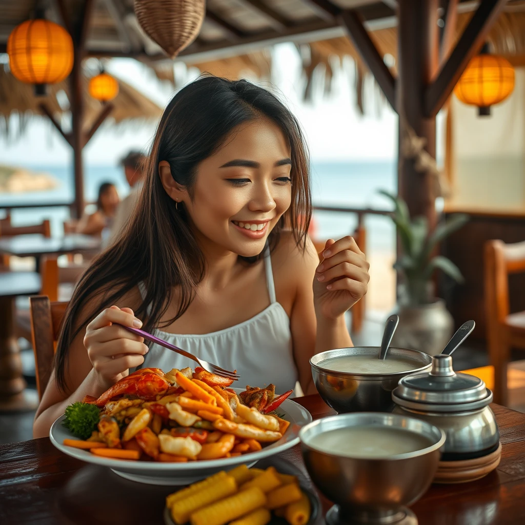 Breakfast Time: A woman at an island restaurant, savoring fresh seafood, steaming hot porridge, an authentic island breakfast, with her taste buds leading the journey, in a photorealistic style.