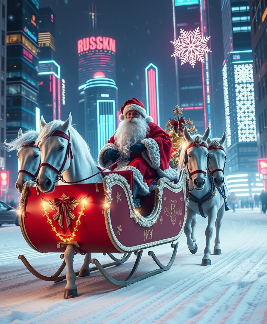 "Russian Snow Grandfather rides a festive sleigh, pulled by three white horses through a futuristic cyberpunk city decorated with Christmas lights."