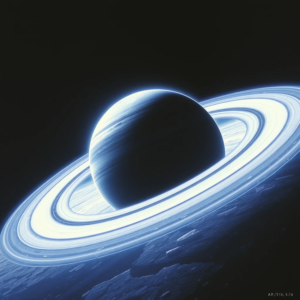 Planet in space with wide rings of ice, side view, retrofuturism, 80s 90s, breathtaking; --ar 9:16 --v 5.1 - Image