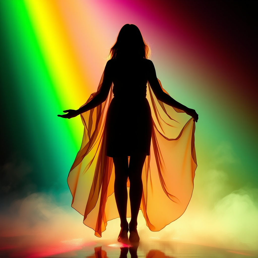 Hyperrealistic photograph of a silhouetted female figure, backlit by a vibrant rainbow spectrum. Vertical bands of light transition smoothly from deep teal, through vivid greens, warm yellows, rich oranges, to intense reds. Figure stands centrally, arms slightly outstretched, draped in flowing, gossamer-like fabric. Hair and dress edges blend seamlessly into the light, creating an ethereal glow. Lower half of the image filled with billowing mist, reflecting the colored light. Ground appears wet, mirroring the spectrum above. Sharp contrast between the dark silhouette and the brilliant background. Cinematic quality lighting, emphasis on color saturation and light diffusion. Ultra-high resolution capture of light interacting with fabric and mist particles. - Image