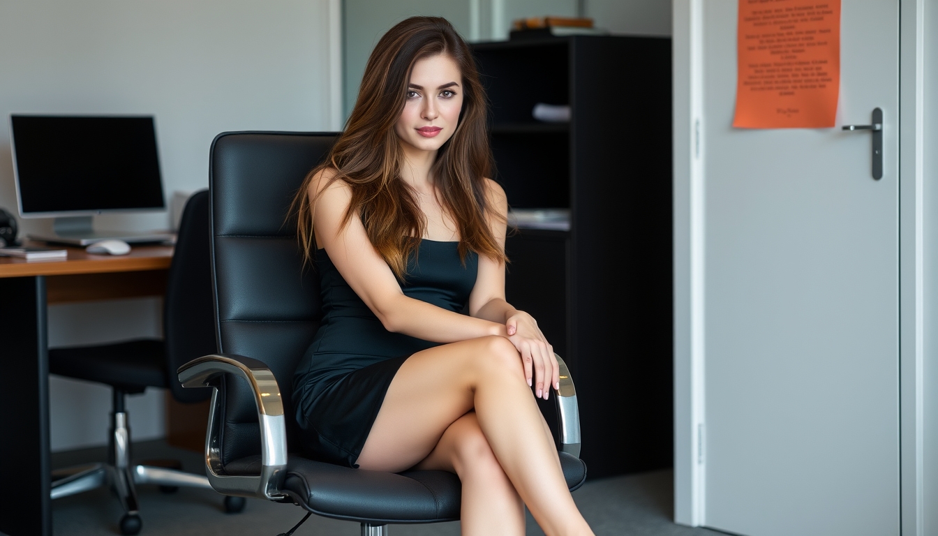 Caucasian long-haired brunette wearing a black short skirt, high heels, sitting on a chair with legs crossed, office.