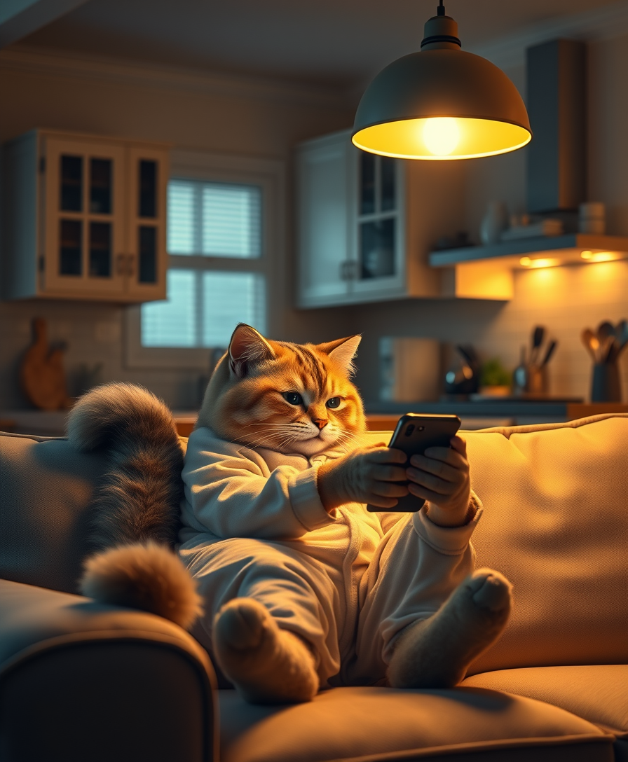 A delightful realistic photo showing a charming anthropomorphic cat dressed in cozy pajamas and lounging on a soft sofa in a dimly lit room. A cat with a fluffy tail and expressive eyes stares intently at his smartphone, immersed in digital content. The warm golden light of the pendant lamp creates a soft glow, creating a cozy and relaxing atmosphere. In the background, there is a simple kitchen area with cabinets, countertops, and various kitchen utensils, which creates an atmosphere of comfort and well-being in the house. This charming scene evokes a feeling of serenity and warmth and is ideal for a calm evening or night setting. - Image