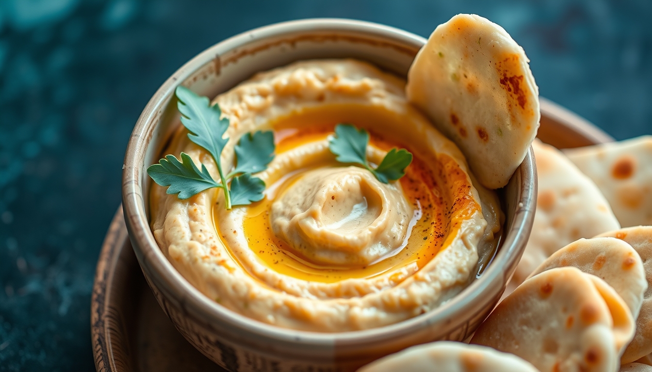 Bowl of creamy hummus with pita bread, representing Middle Eastern cuisine. - Image