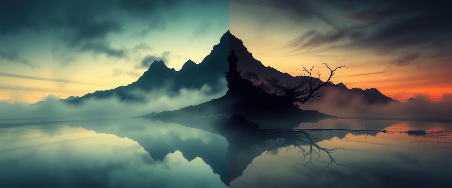 mystical landscape, Forces of Good versus Evil, day and night, duality, light and dark, contrasting colors, contrasting landscape, image split. highly detailed and hyper realistic photo, by Alena Aenami, by Archibald Thorburn, by Daniele Afferni, in the style of monochromatic silhouette reflection, limited dark palette, unusual dark colors, faded colors, atmospheric haze, highly dramatic cinematic lighting, motion blur, film grain, professional, excellent composition, finest details, maximized details, ultimate detail level, masterpiece, best quality. - Image