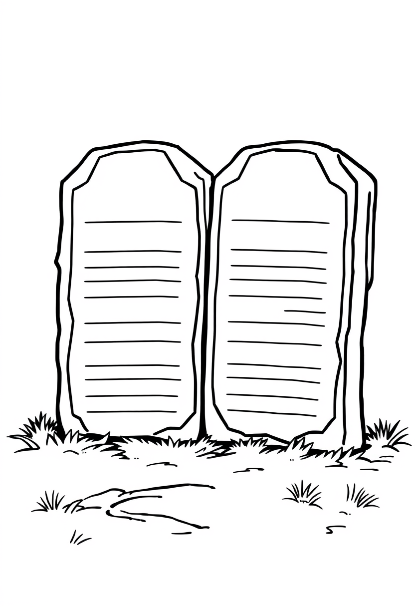 coloring book page. Two stone tablets for Ten Commandments coloring page: Draw two large, rectangular tablets with rounded tops. Add horizontal lines to represent text. The tablets should be proportioned to fill most of the page. line art vector style, White background, black and white drawing, sharp black lines. - Image