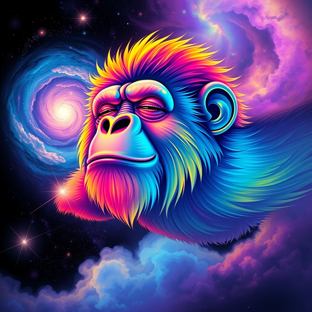 A captivating digital painting of a happy ape soaring through a dreamy, cosmic landscape. The ape sports a vibrant rainbow color palette, with flashes of color interspersed throughout the scene. The background features a starry cosmos with swirling galaxies and nebulas. The ape's eyes are closed, exuding a serene expression, while its serene smile is a testament to its peaceful state. The glitchy edges, fading to black, add a unique and striking touch to the design. The subtle acid rainbow cubic glitch effect adds depth and visual intrigue to this mesmerizing, dreamy tee shirt design.