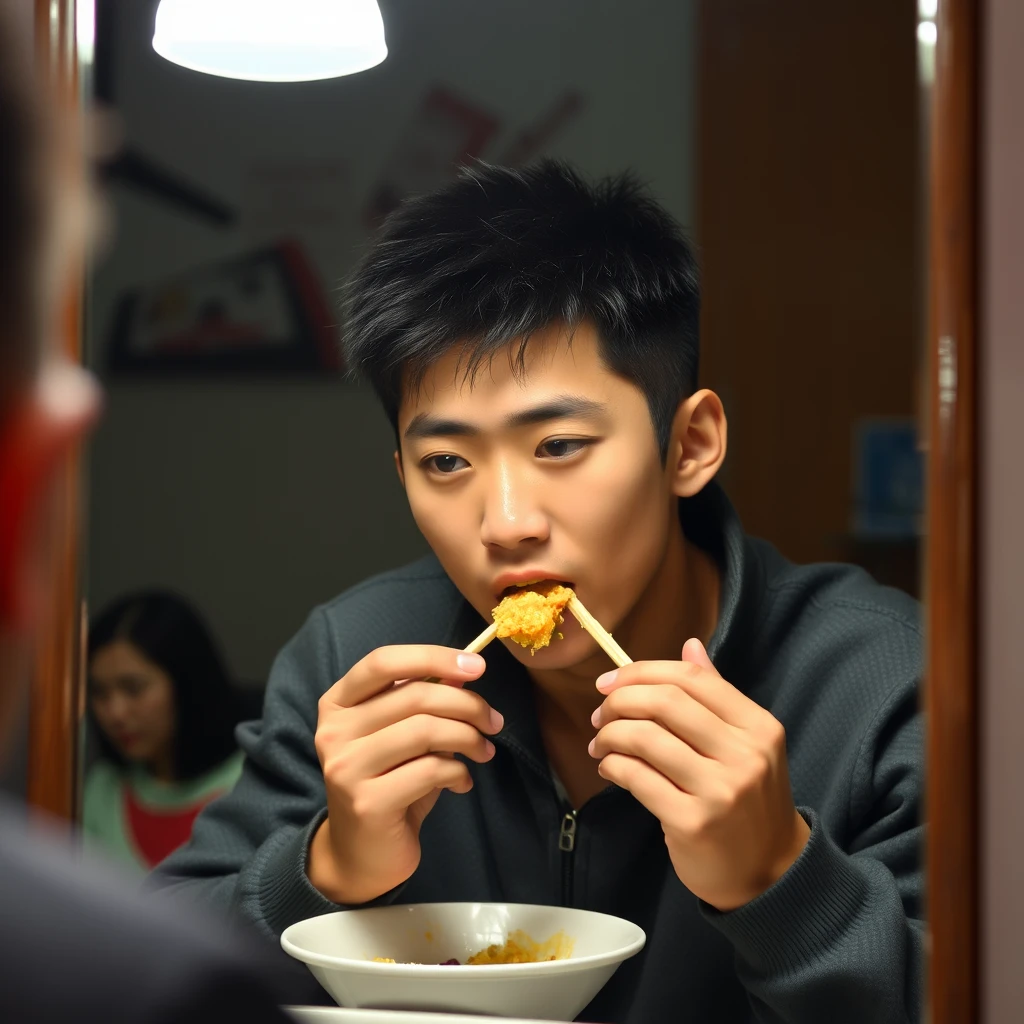 A young man is eating while looking in the mirror. Note, he is Chinese.