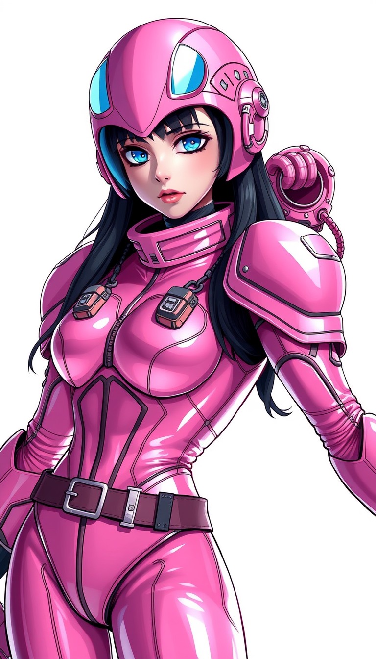 Ultra Detailed Character portrait, Pink space Armor bodysuit, female, anime style, super glamorous space female pirate, Pink Clothes made of shiny vinyl, Pink space bodysuit, A view from the waist up to the head, The background is a simple white color, cute Feel like a villain, Bizarre suits like space alien designs.