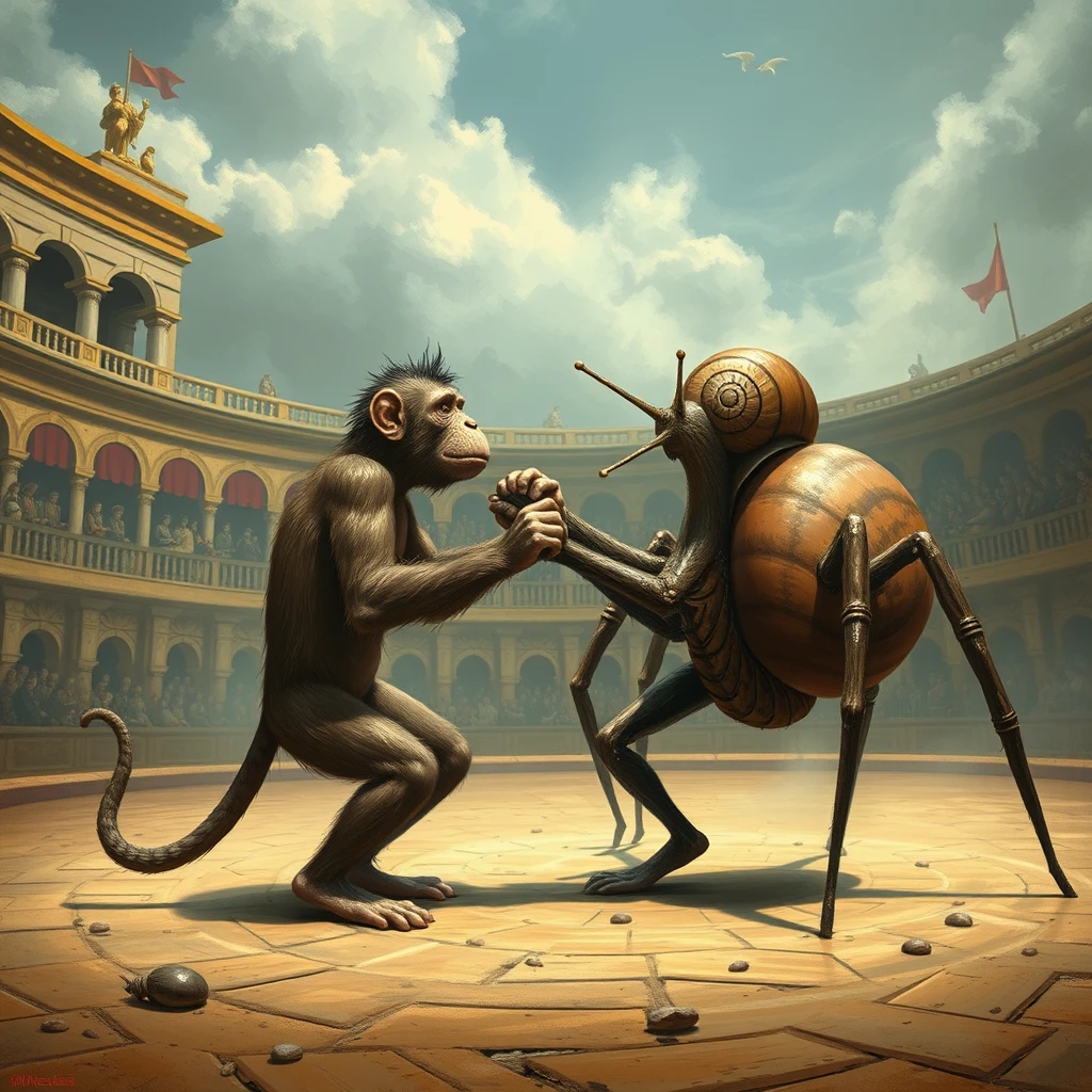 a monkey and a snail fighting in the Roman circus against a spider