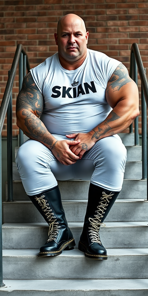 Prompt: a portrait-style photograph featuring an extremely large 50-year-old muscular, beefy, handsome, masculine male skinhead bodybuilder sitting on a set of concrete stairs. He has a bald head, light skin, and is wearing a white t-shirt with the Skin Sharp logo on it. His enormous muscular arms are heavily tattooed with intricate designs. He is also wearing tight bleached denim trousers that highlight his huge, muscular legs and black knee-high Dr. Martens boots with white laces. The background consists of a brick wall and metal handrails on either side of the stairs. The overall setting appears to be industrial.