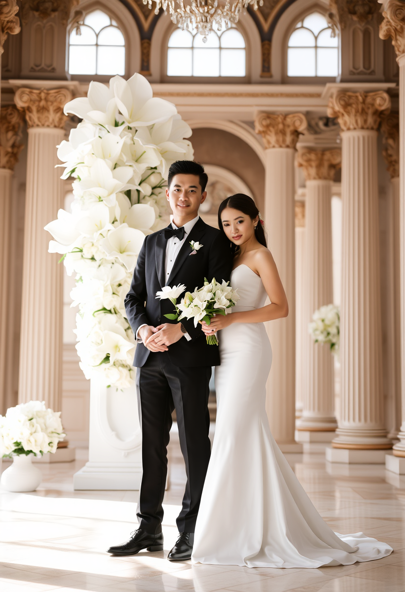 Against the majestic backdrop of an elegantly decorated hall, adorned with large, blooming white flowers, a couple stood serenely and gracefully. The groom wore a black suit, exuding sophistication and charm. Beside him, the bride shone in a beautiful white dress that hugged her figure and gracefully flowed to the floor. She held a bouquet of white lilies and other delicate flowers, which perfectly complemented her elegant outfit.

The hall's high arched windows allowed natural light to flood in, adding to the regal atmosphere. Ornate pillars and intricate architectural details formed a majestic backdrop, making the scene both romantic and timeless. The couple stood close together, their faces serene and content, ready to begin a new journey together.