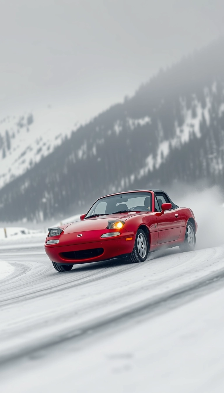 Create an image of a red 1991 Mazda MX-5 drifting on a snowy mountain road.