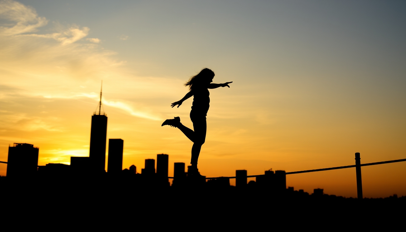 Silhouette of a person balancing on a tightrope at sunset with a city skyline in the background. - Image