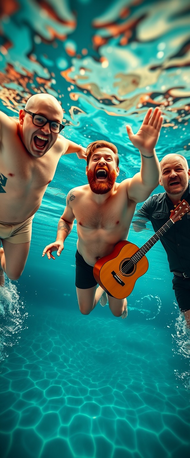 A funny photo of three men facing forward in swim trunks, jumping into a pool while shouting, captures the moment they are in the air from a low angle from the water. The first one is 52 years old, tall at 1.90 meters, bald, wears glasses, has fair skin, is slim but has a prominent belly, and has a large tattoo on his left arm while holding drumsticks in one hand. The second man is 27 years old and two meters tall, has numerous small tattoos all over his body, a short reddish beard, and short hair. He has fair skin and is holding an acoustic guitar in one hand. The third man is 1.90 meters tall and 57 years old, slim, has short hair, and fair skin. He is wearing a dark shirt with a patch, under summer light, displaying funny expressions, with a bokeh effect.