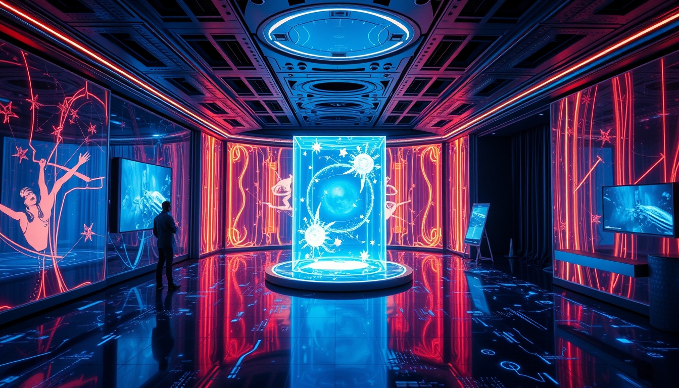 A futuristic room filled with interactive digital art, with holographic displays and immersive light installations.