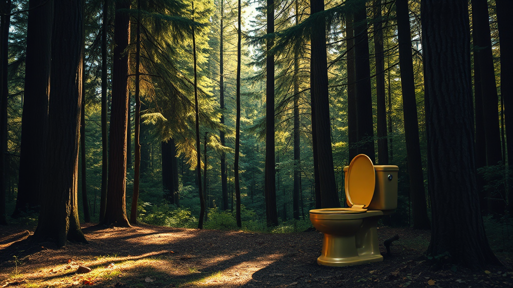 In the forest, there is a flush toilet made of gold. - Image