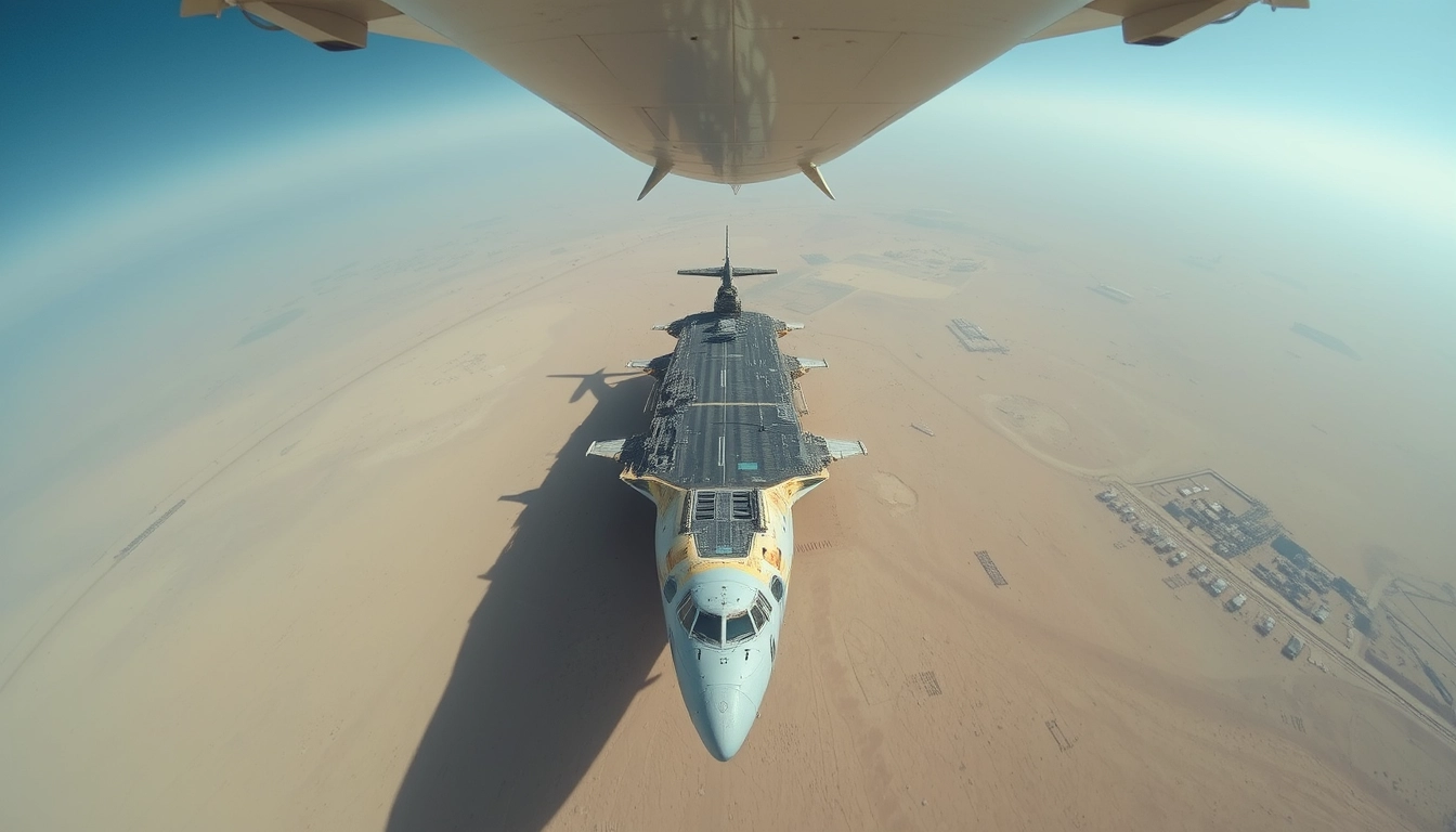 Looking down vertically from the airplane, there is a huge aircraft carrier on the desert ground, abandoned and still covered in rust.