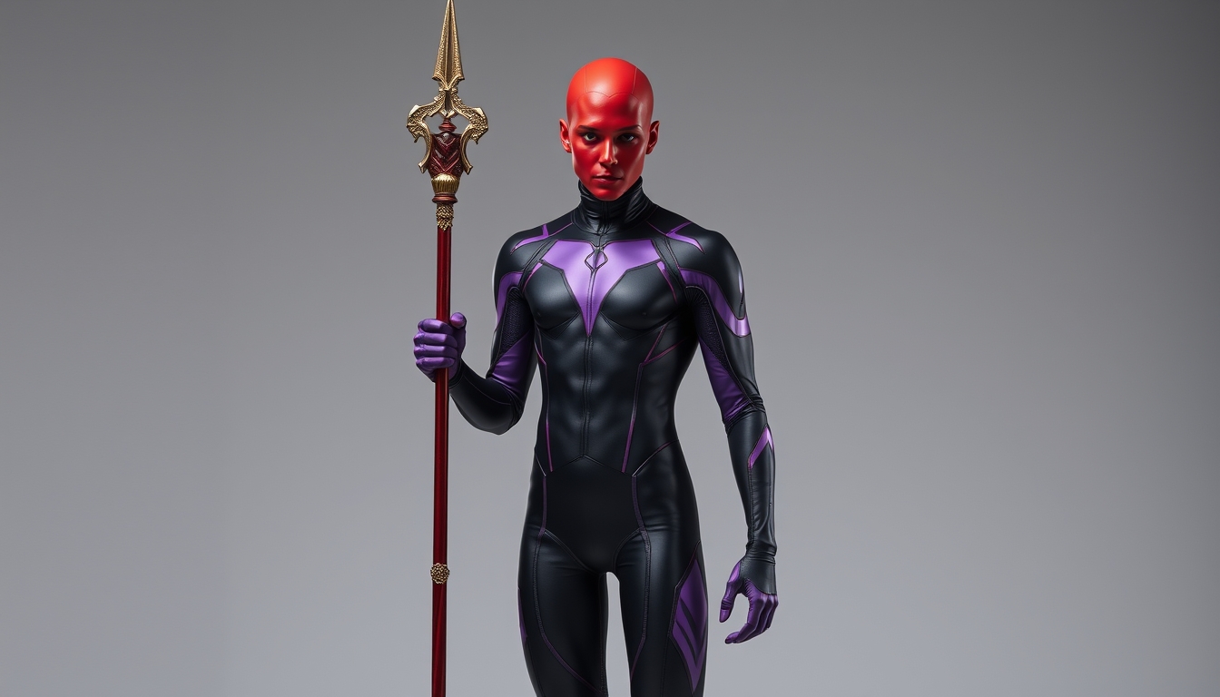 red head with very black and purple spandex suit standing straight and holding a staff