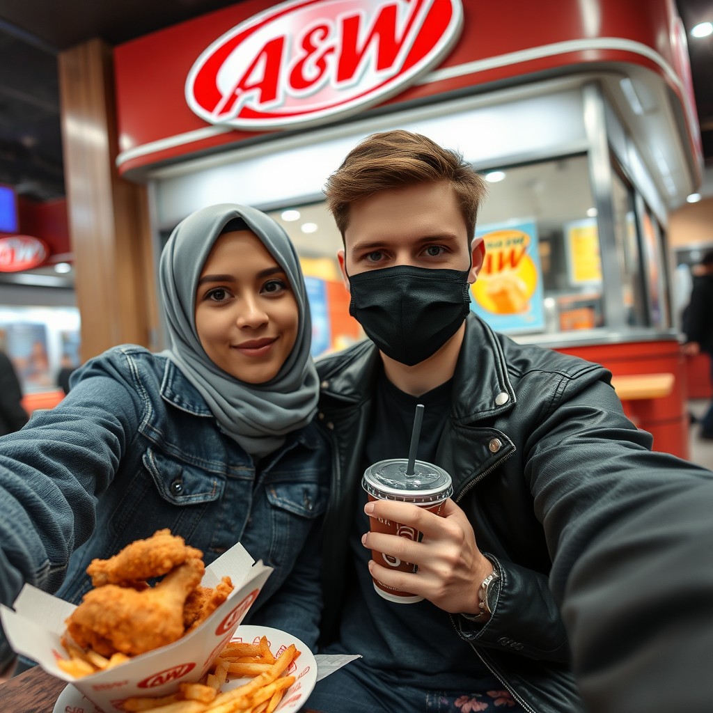 Jamie Dornan's head and body shot, handsome, young, face mask black, blue jeans jacket, jeans, dating love with grey hijab Muslim girl, beautiful eyes, face mask black, black leather jacket, biggest floral skirt, at A&W fast food restaurant, plate of Korean fried chicken and fries, soft drink, photorealistic, hyper-realistic, street photography, selfie.