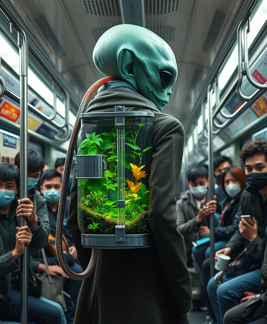 A humanoid alien wears a long jacket in a crowded subway train, sporting a transparent, cylindrical backpack terrarium filled with neon lush greenery and small plants. The terrarium has metallic accents and a neon hose connected to it, giving it a futuristic look. The subway is filled with human passengers, many of whom are wearing masks and holding onto the handrails. The setting is busy and urban, highlighting a contrast between the natural elements in the terrarium and the modern, bustling environment. --ar 3:4 --style raw --s 750 --v 6.0 - Image