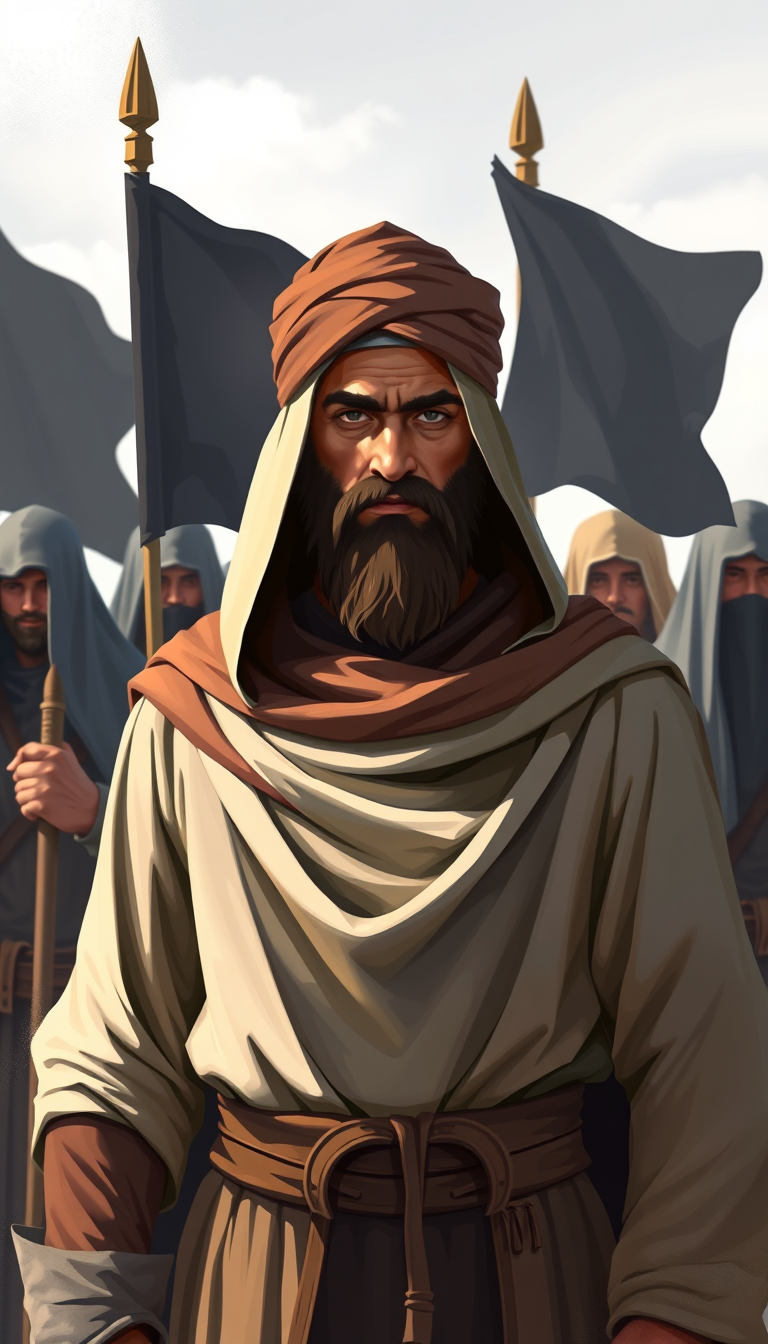 Vector of a brave Muslim commander wearing modest biblical cloak-turban clothes standing behind the great Muslim warriors with a leader expression. The medieval Muslim warriors are covering veils and holding black banners, guarding him in open land. Soft shading, 2D style textures, airbrush shader.