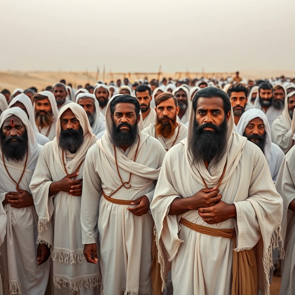 Photo-realistic image of multitudes of bearded African men. They are all dressed in white robes, with fringes on the hems. They live in temporary tent shelters in the desert at the Exodus.