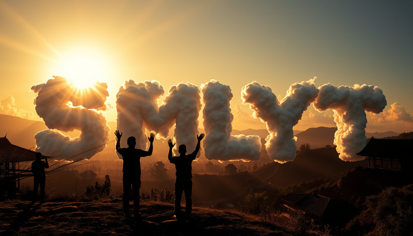 Photorealistic style: Silhouettes of people stand on a hilltop against the rising sun, overlooking a valley with traditional bamboo huts. Streams of light from their hands spell out "SMLYT" across the sky. The letters are rendered as massive, cloud-like formations with hyper-realistic textures. Sunlight interacts with the letters, creating vivid crepuscular rays that pierce through the characters and illuminate the landscape below. - Image