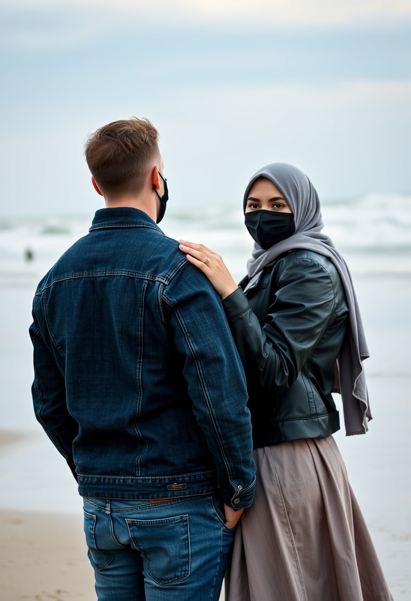 Jamie Dornan's head and body shot, handsome, black face mask, denim jacket, jeans, dating, love couple, hugging from behind, with the biggest grey hijab Muslim girl, black face mask, beautiful eyes, black leather jacket, largest skirt, at the beach, hyper-realistic, selfie. - Image