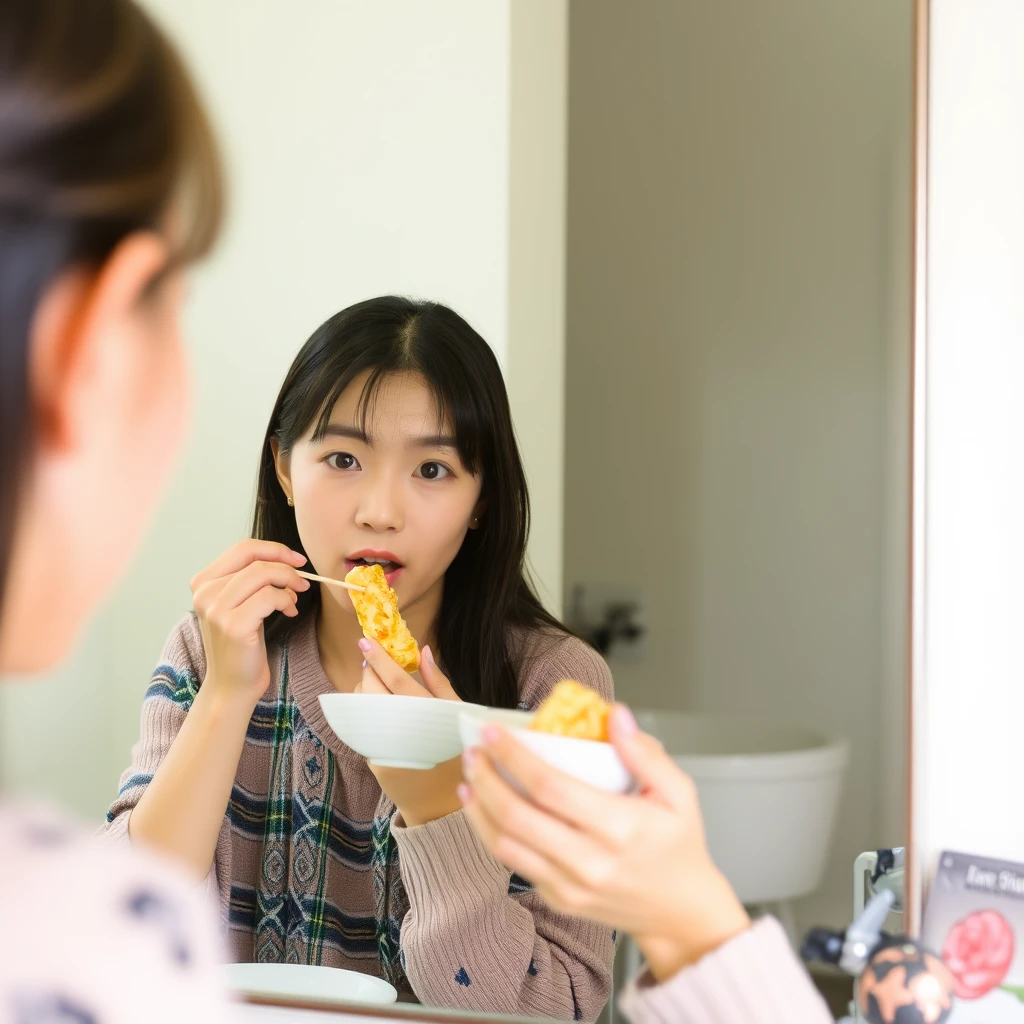 A young woman is eating while looking in the mirror. Notice, she is Chinese.