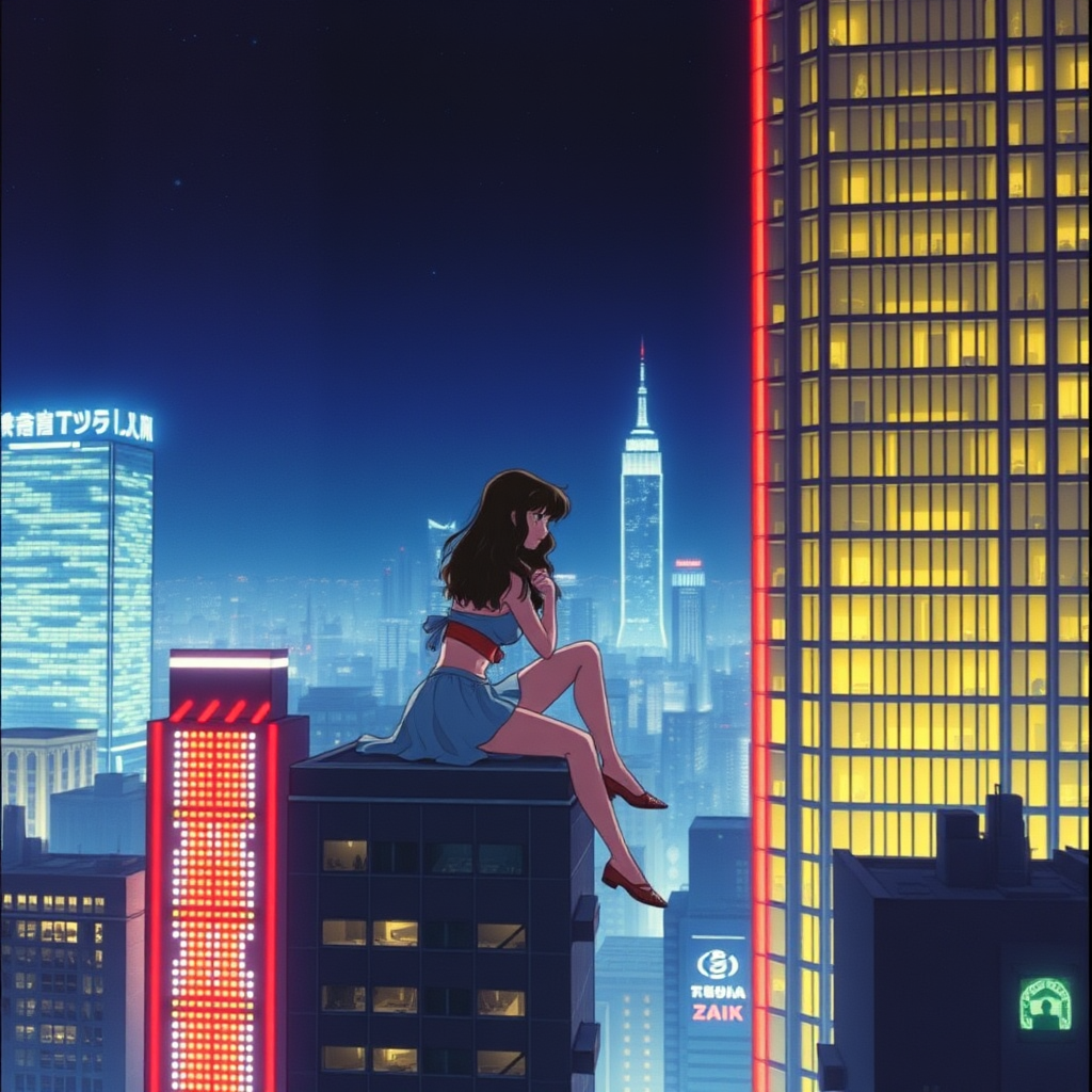 90's anime vintage anime screenshot woman sitting on skyscraper night scene neon lights