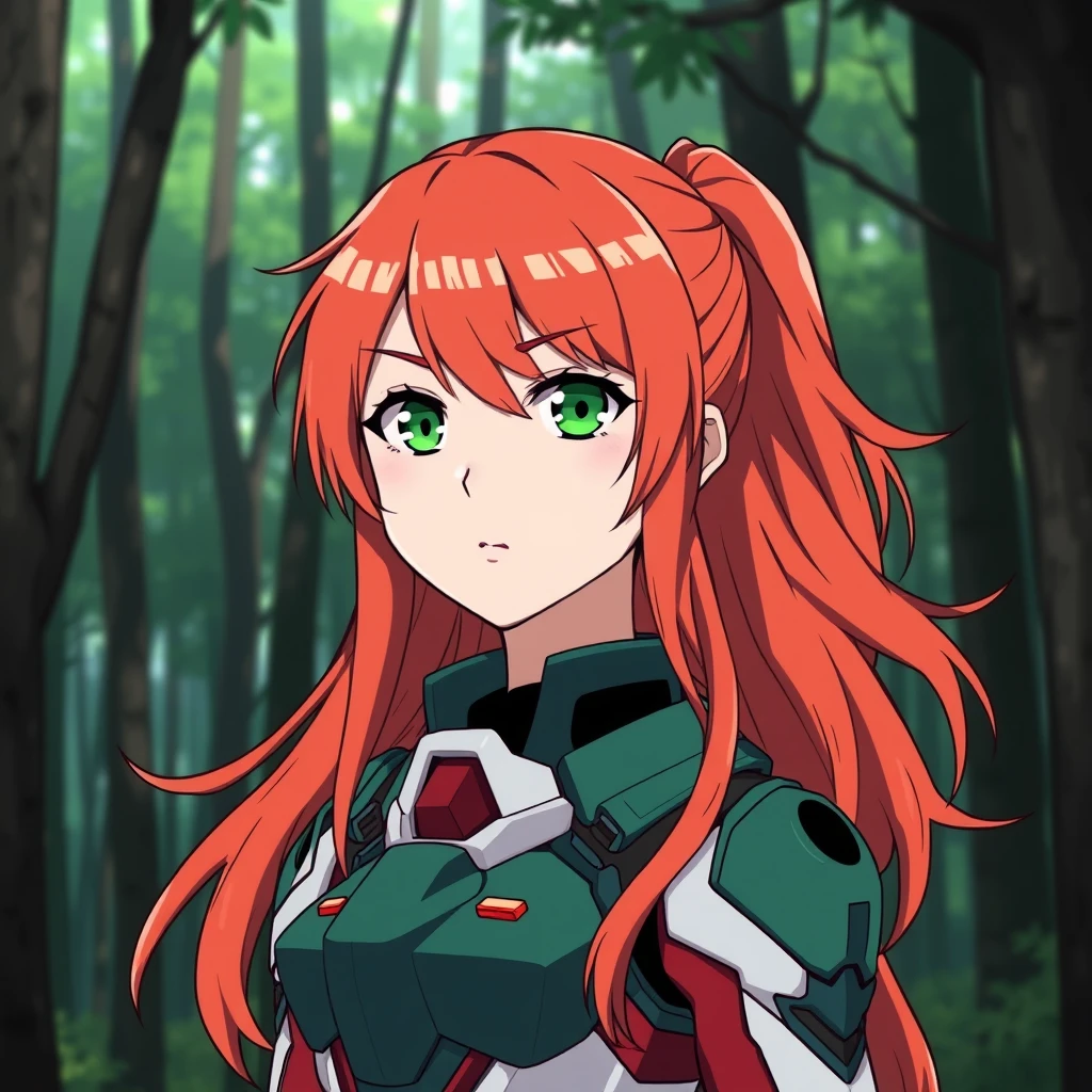 Red-haired girl in the forest, green eyes, long hair, ponytail, calm and serious, mecha suit, in the style of Conrad Roset, Honkai Star Rail, Yoneyama Mai. - Image