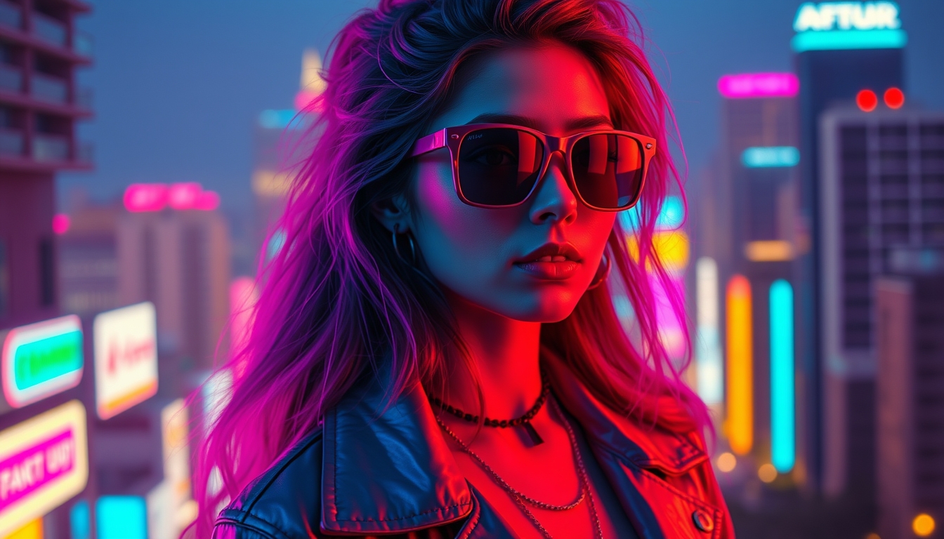 A stylized portrait of a young woman in 80s-inspired fashion, neon lights reflecting off her sunglasses, with a vibrant cityscape in the background.